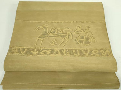 平和屋着物●八寸名古屋帯　唐織　狩猟文　木蘭色　正絹　逸品　DABB7755op