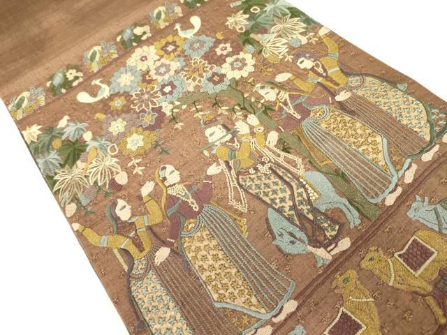平和屋着物●中国三大刺繍 相良刺繍 総刺繍 太鼓柄袋帯 紬地 人物花鳥文 壁画文様 正絹 逸品 DABB7761op