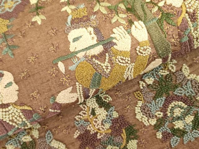 平和屋着物●中国三大刺繍 相良刺繍 総刺繍 太鼓柄袋帯 紬地 人物花鳥文 壁画文様 正絹 逸品 DABB7761op