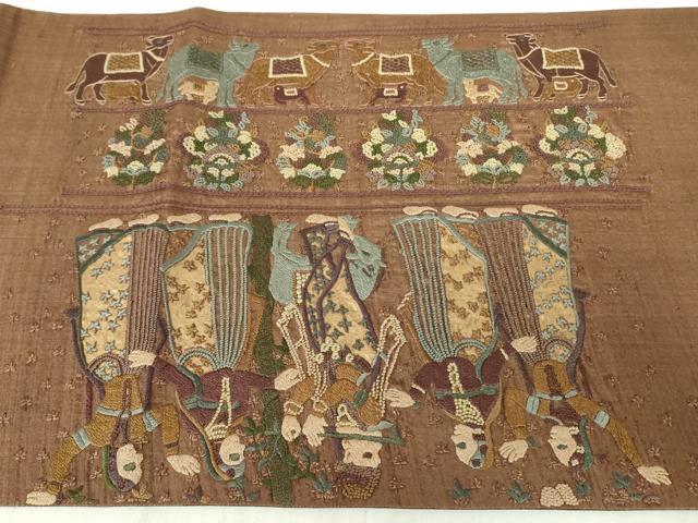 平和屋着物●中国三大刺繍 相良刺繍 総刺繍 太鼓柄袋帯 紬地 人物花鳥文 壁画文様 正絹 逸品 DABB7761op