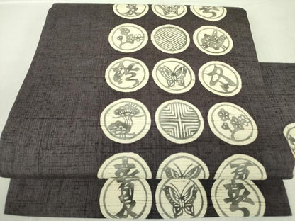 平和屋着物●九寸名古屋帯　ぜんまい紬　型染　花蝶丸文　正絹　逸品　DABB7768op