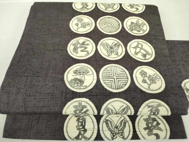 平和屋着物●九寸名古屋帯　ぜんまい紬　型染　花蝶丸文　正絹　逸品　DABB7768op