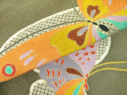 平和屋着物●九寸名古屋帯　型染　舞蝶文　金彩　鬼しぼ縮緬　正絹　逸品　未使用　DABB7783op