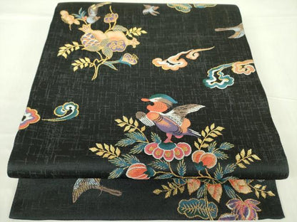 平和屋着物●ファッションデザイナー HIROKO KOSHINO コシノヒロコ 六通柄袋帯 花鳥文 黒地 金糸 正絹 逸品 DABB7786op