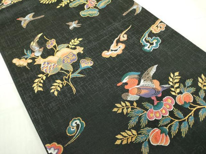 平和屋着物●ファッションデザイナー HIROKO KOSHINO コシノヒロコ 六通柄袋帯 花鳥文 黒地 金糸 正絹 逸品 DABB7786op