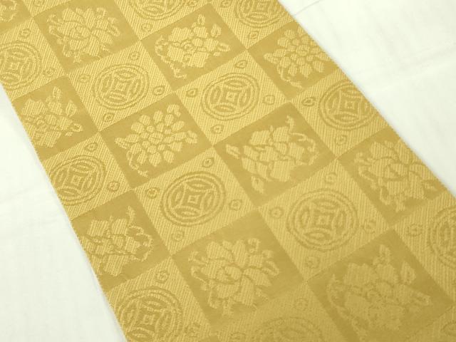 平和屋着物●両面　半幅帯　桐唐草　金糸　正絹　逸品　未使用　DABB7797op