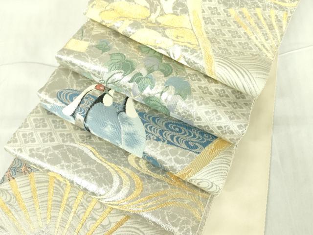 平和屋着物●両面　半幅帯　琳派の檜扇　プラチナ箔　正絹　逸品　未使用　DABB7798op