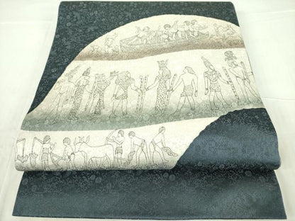 平和屋着物●樋熊哲也 太鼓柄袋帯 エジプト壁画 金通し地 正絹 逸品 未使用 DABB7803op