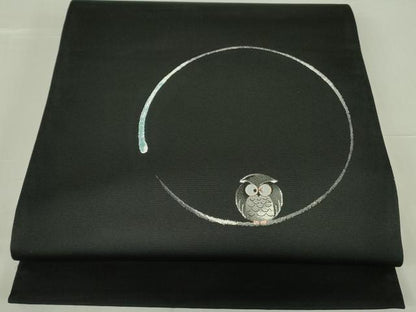 平和屋着物●太鼓柄袋帯 梟 ふくろう 黒地 銀糸 正絹 逸品 DABB7810op