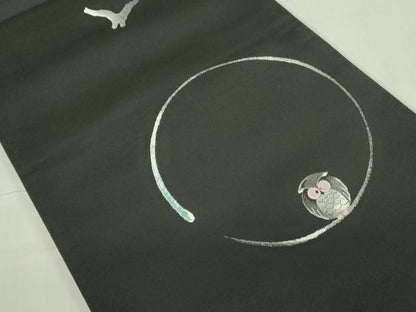平和屋着物●太鼓柄袋帯 梟 ふくろう 黒地 銀糸 正絹 逸品 DABB7810op