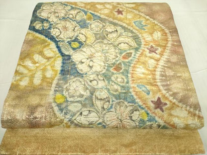 平和屋着物●太鼓柄袋帯 作家物 絞り 手抽紋 辻が花 金通し地 正絹 逸品 DABB7817op