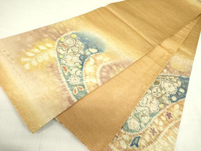 平和屋着物●太鼓柄袋帯 作家物 絞り 手抽紋 辻が花 金通し地 正絹 逸品 DABB7817op