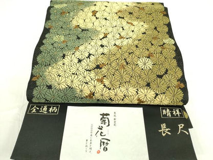 平和屋着物●内山晴祥　手描き　全通柄袋帯　唐織　菊花暦　吉祥　黒地　金糸　長尺　反端付き　正絹　逸品　未使用　DABB7819op