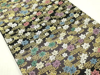 平和屋着物●六通柄袋帯 唐織 優雅 竜田川 一世風美 黒地 金糸 正絹 逸品 DABB7822op