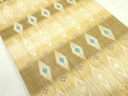 平和屋着物●西陣　橋本テル織物謹製　六通柄袋帯　唐織　幾何学花文　花織　真綿バンブー和紙織　証紙付き　逸品　未使用　DABB7823op