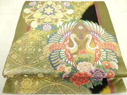 平和屋着物●六通柄袋帯　唐織　向かい鶴花文　金銀糸　正絹　逸品　DABB7832op