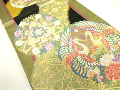 平和屋着物●六通柄袋帯　唐織　向かい鶴花文　金銀糸　正絹　逸品　DABB7832op