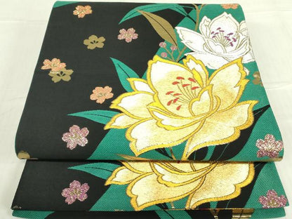 平和屋着物●六通柄袋帯　草花　舞桜　黒地　金銀糸　正絹　逸品　DABB7840op