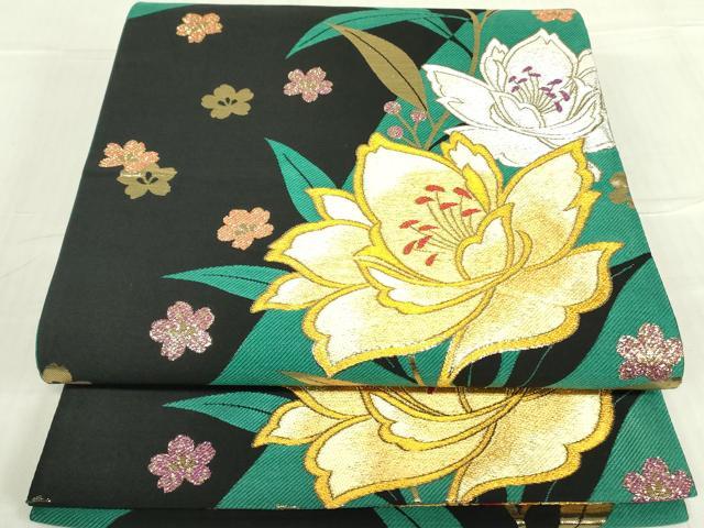 平和屋着物●六通柄袋帯　草花　舞桜　黒地　金銀糸　正絹　逸品　DABB7840op