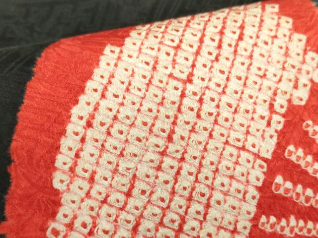 平和屋着物▼九寸名古屋帯　絞り　扇面文　黒地　正絹　逸品　DABB7848op