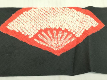 平和屋着物▼九寸名古屋帯　絞り　扇面文　黒地　正絹　逸品　DABB7848op