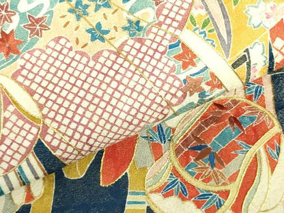 平和屋着物●太鼓柄袋帯　作家物　刺繍　誰が袖花文　金彩　金通し地　正絹　逸品　未使用　DABB7875op