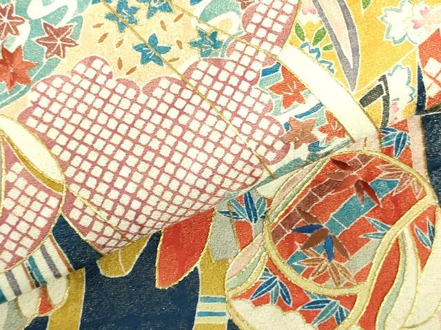 平和屋着物●太鼓柄袋帯　作家物　刺繍　誰が袖花文　金彩　金通し地　正絹　逸品　未使用　DABB7875op