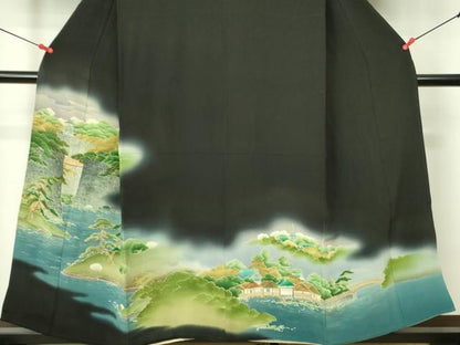 平和屋着物■豪華黒留袖　刺繍　風景文　暈し染め　金彩　正絹　逸品　DABB7908op