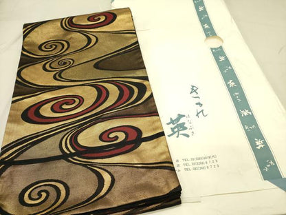 平和屋着物●西陣　川島織物　洗える最高級着物　＜英＞はなぶさ謹製　六通柄袋帯　流水文　黒地　金糸　たとう紙付き　DABB7961op