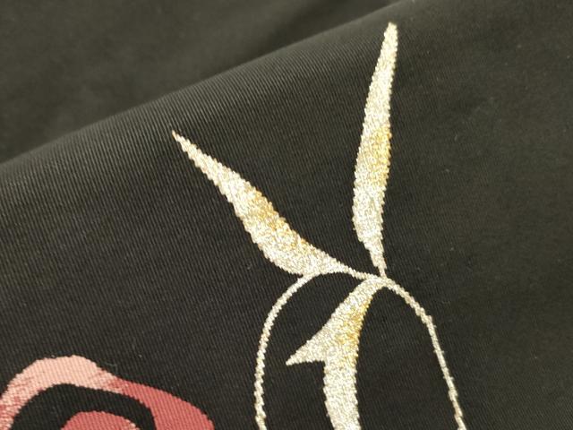 平和屋着物●爪掻き本綴れ　八寸名古屋帯　草花　黒地　金銀糸　正絹　逸品　DABB7986op