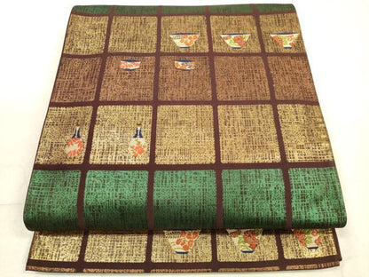 平和屋着物◎六通柄袋帯　格子陶器文　金糸　正絹　逸品　DABB8006xg