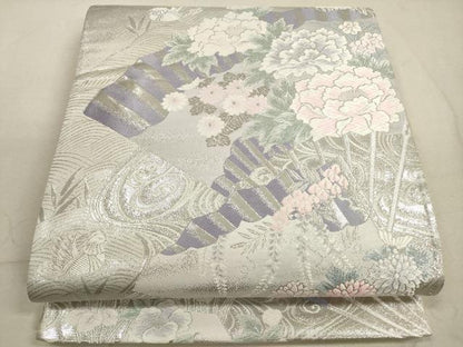 平和屋着物◎六通柄袋帯　唐織　九百錦　流水扇面花鳥文　プラチナ二重箔　銀糸　正絹　逸品　DABB8128xg