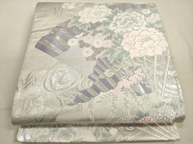 平和屋着物◎六通柄袋帯　唐織　九百錦　流水扇面花鳥文　プラチナ二重箔　銀糸　正絹　逸品　DABB8128xg
