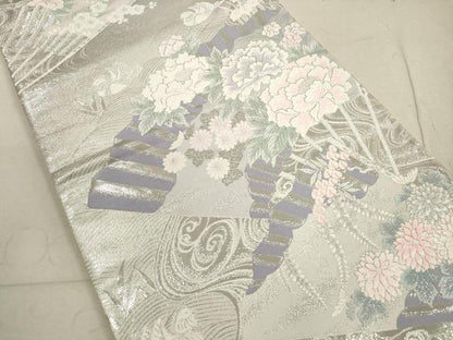 平和屋着物◎六通柄袋帯　唐織　九百錦　流水扇面花鳥文　プラチナ二重箔　銀糸　正絹　逸品　DABB8128xg