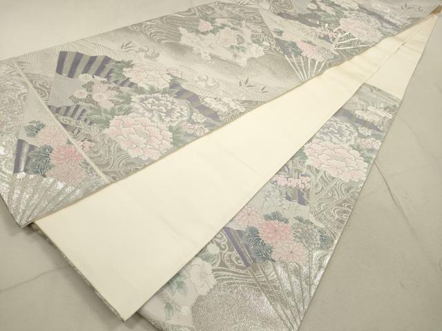 平和屋着物◎六通柄袋帯　唐織　九百錦　流水扇面花鳥文　プラチナ二重箔　銀糸　正絹　逸品　DABB8128xg