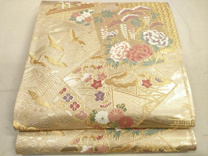 平和屋着物◎西陣 六通柄袋帯 唐織 色紙飛鶴草花文 金糸 正絹 逸品 DABB8148xg
