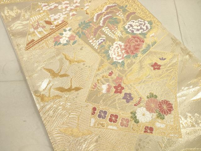 平和屋着物◎西陣 六通柄袋帯 唐織 色紙飛鶴草花文 金糸 正絹 逸品 DABB8148xg