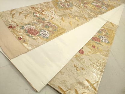 平和屋着物◎西陣 六通柄袋帯 唐織 色紙飛鶴草花文 金糸 正絹 逸品 DABB8148xg