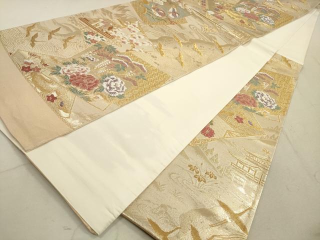 平和屋着物◎西陣 六通柄袋帯 唐織 色紙飛鶴草花文 金糸 正絹 逸品 DABB8148xg