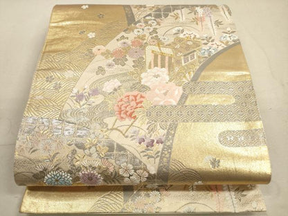 平和屋着物◎六通柄袋帯 唐織 エ霞御所車草花文 プラチナ二重箔 正絹 逸品 DABB8196xg