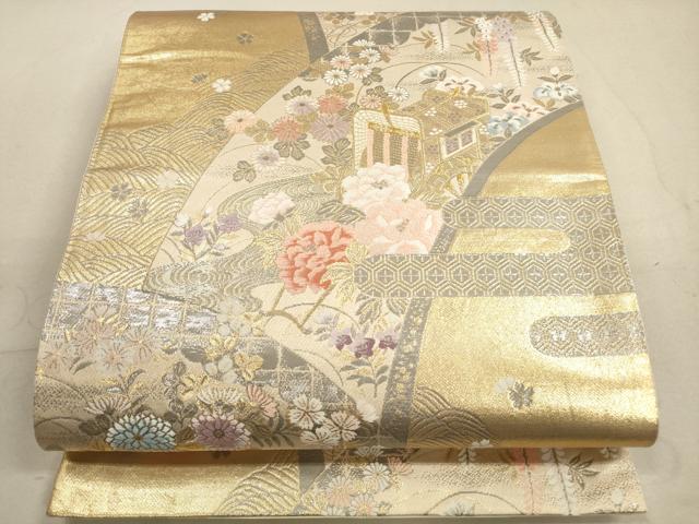 平和屋着物◎六通柄袋帯 唐織 エ霞御所車草花文 プラチナ二重箔 正絹 逸品 DABB8196xg