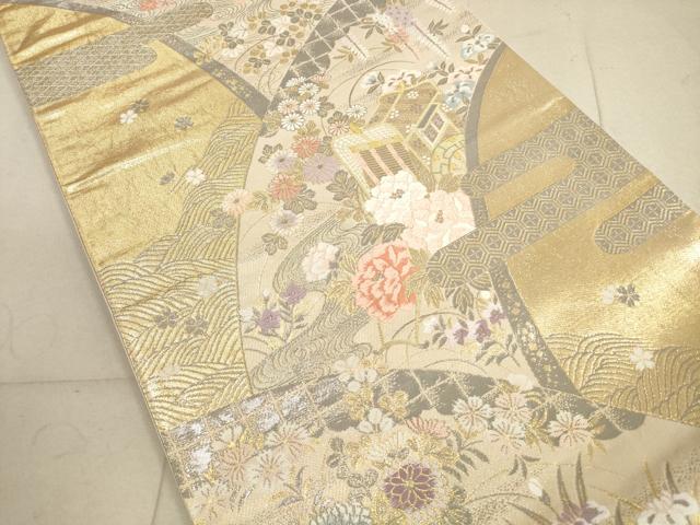 平和屋着物◎六通柄袋帯 唐織 エ霞御所車草花文 プラチナ二重箔 正絹 逸品 DABB8196xg