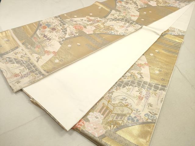平和屋着物◎六通柄袋帯 唐織 エ霞御所車草花文 プラチナ二重箔 正絹 逸品 DABB8196xg