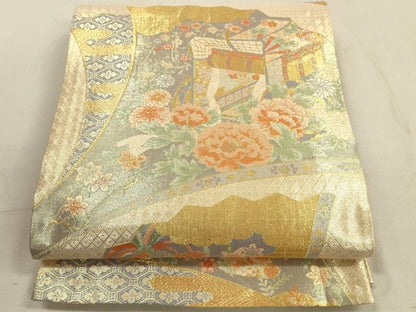 平和屋着物◎佐賀錦　六通柄袋帯　御所車花文　九百錦　金糸　正絹　逸品　DABB8198xg