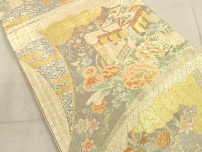 平和屋着物◎佐賀錦　六通柄袋帯　御所車花文　九百錦　金糸　正絹　逸品　DABB8198xg