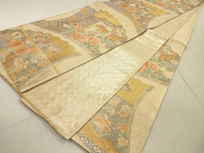 平和屋着物◎佐賀錦　六通柄袋帯　御所車花文　九百錦　金糸　正絹　逸品　DABB8198xg