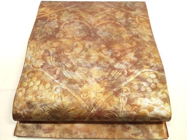 平和屋着物◎西陣 六通柄袋帯 葡萄蔦の葉文 鳥 引箔 正絹 逸品 DABB8232xg