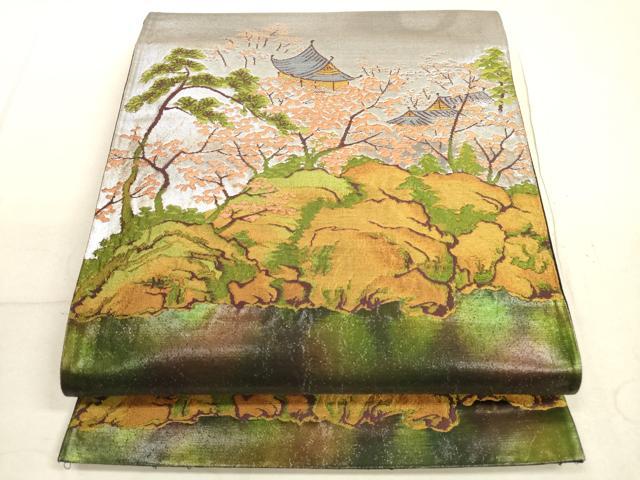 平和屋着物◎六通柄袋帯　風景文　銀糸　正絹　逸品　DABB8240xg