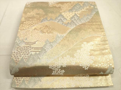 平和屋着物◎六通柄袋帯　遠山風景文　金糸　正絹　逸品　DABB8252xg