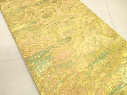 平和屋着物◎六通柄袋帯 風景花鳥文 金糸 正絹 逸品 DABB8261xg